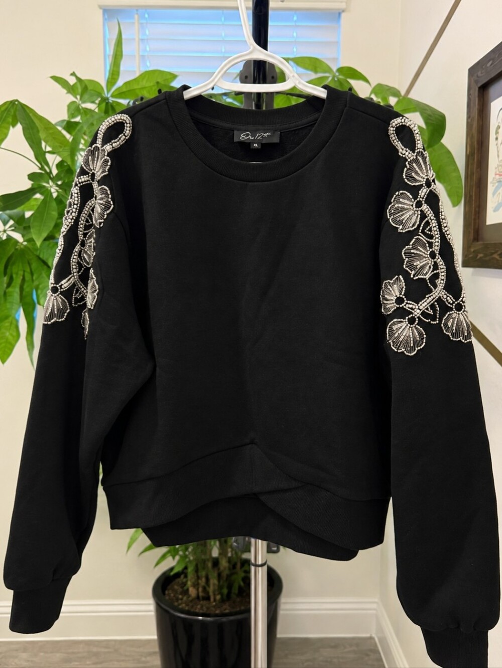 On 12th Black Beaded Floral Sleeve Sweatshirt Size XL